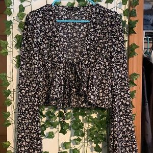 black and white floral bell sleeve tie top
